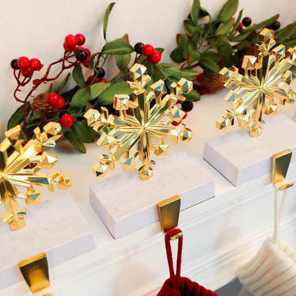 Snowflake Christmas Stocking Holders Set of 4 Gold, Xmas Stocking Holders for Mantle, Mantel Fireplace Topper Stand Hooks, Stockings Hangers