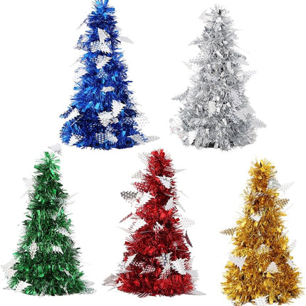 5Pcs Mini Christmas Tree Decoration Shiny Metallic Artificial Desktop Trees with Pendants Miniature Trees for Holiday Party Tabletop Decor