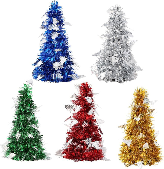 5Pcs Mini Christmas Tree Decoration Shiny Metallic Artificial Desktop Trees with Pendants Miniature Trees for Holiday Party Tabletop Decor