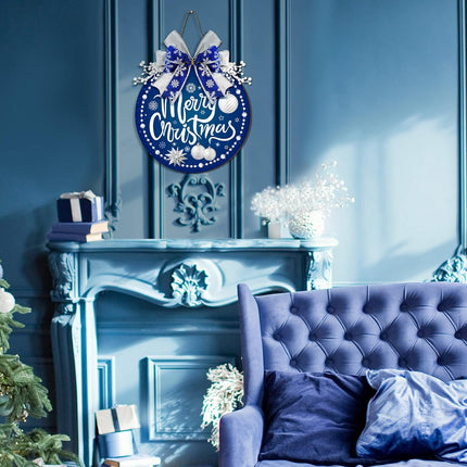 Qunclay Blue Christmas Decorations Round Snow Wooden Hanging Sign Christmas Wreath for Front Door Blue and Silver Wreath Sign with Bow Winter Christmas Wreath Sign for Door Wall Window Home Decor