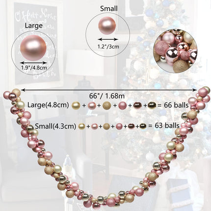 6 FEET Christmas Ball Garland Ornaments Shatterproof Xmas Hanging Balls Decorations for Home Indoor Outdoor Mantel Holiday Party Wedding Tree - Champagne Gold and Pink
