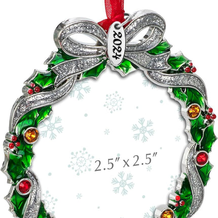 Christmas Tree Ornament Picture Frame Metal Hanging Pendant Holiday 2.5" Photo Frame Charm Decorative of Pets, Baby First Christmas, Family ( Christmas Wreath)