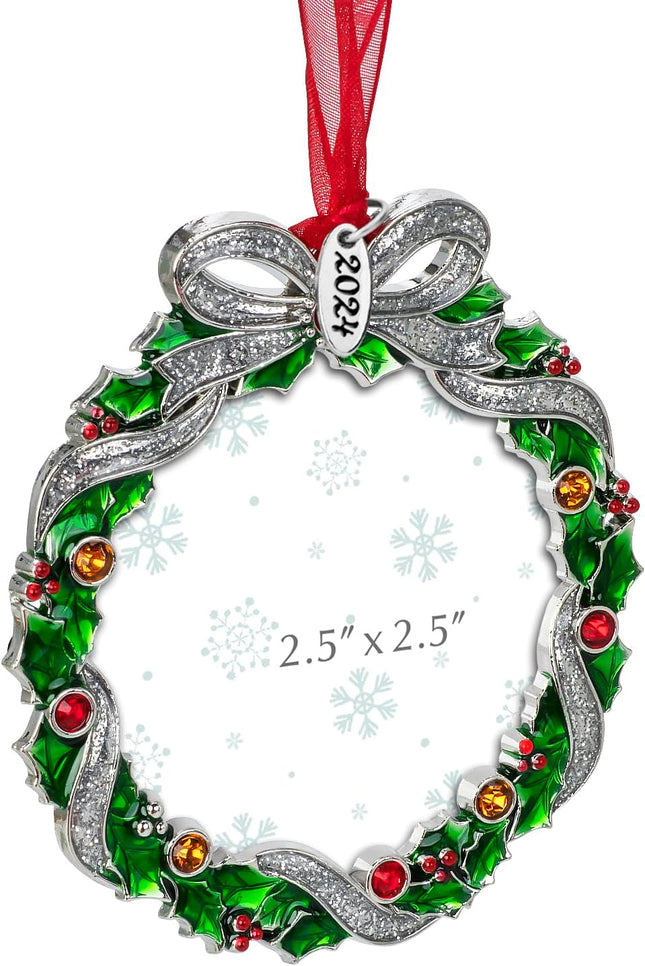 Christmas Tree Ornament Picture Frame Metal Hanging Pendant Holiday 2.5" Photo Frame Charm Decorative of Pets, Baby First Christmas, Family ( Christmas Wreath)
