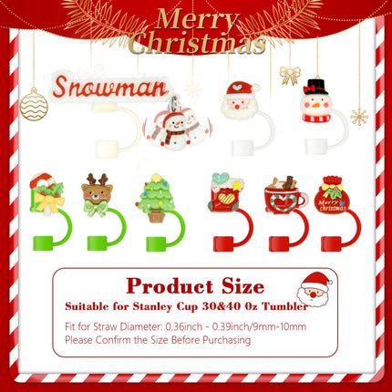 11Pcs Christmas Straw Cover Cap for Stanley Cup 10mm Silicone Holiday Straw Topper with Xmas Handle Charms for Stanley 30/40 Oz Tumbler Accessories Reusable Straw Tip Lids for Christmas s Decor