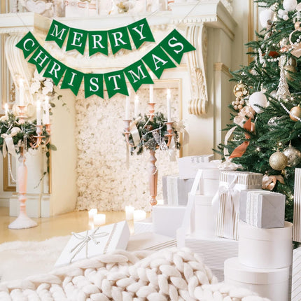 Whaline Christmas Burlap Banner Canvas Merry Christmas Green Banner Bunting Garland Pre-Assembled Hanging Xmas Decorations for Christmas Party Supplies Home Fireplace Wall