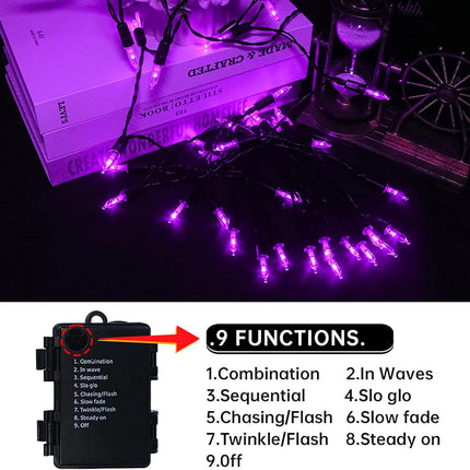 Battery Operated Halloween Lights 2 Pack 18.3Ft 50 LED Purple Mini String Lights 9 Functions Black Wire Purple Halloween Tree Lights for Wreath Crafts Indoor Outdoor Festive Lights