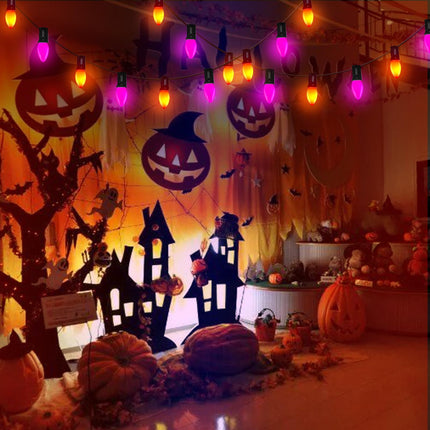 25FT C7 LED Purple Orange String Lights, Halloween Outdoor String Lights with 27 C7 LED Bulbs(2 Spare), Halloween Hanging Outdoor Lights for Patio, Backyard, Halloween Party Decoration, Black Wire