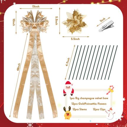 Christmas Tree Topper Bow Set Include 12 Pcs Artificial Poinsettia Flowers and Large Velvet Bow with Long Streamers Sun Flower Shape Bow for Xmas Indoor Party Decor(Champagne Gold)