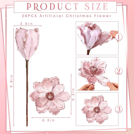 20 Pcs Christmas Glitter Poinsettia Magnolia Flowers Ornaments Large Heads Artificial Magnolia Flowers for Christmas Tree Xmas Wreath Holiday Wedding Decor (Pink)