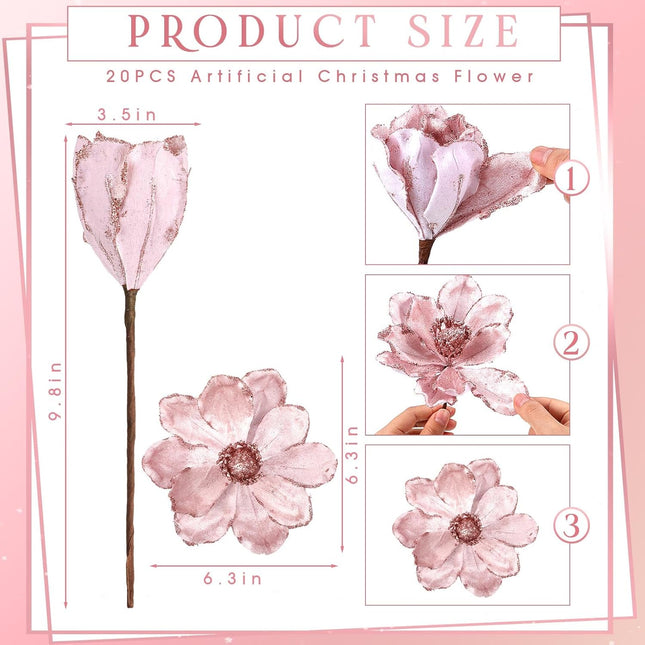 20 Pcs Christmas Glitter Poinsettia Magnolia Flowers Ornaments Large Heads Artificial Magnolia Flowers for Christmas Tree Xmas Wreath Holiday Wedding Decor (Pink)
