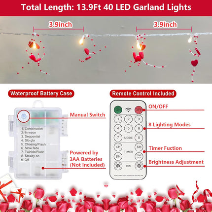 Christmas Valentines Day Heart Lights, 14Ft 40 LED Valentine Christmas Garland with Lights with Timer, Heart Bead Lights Battery Powered Valentines Day Decoration Lights for Home Bedroom Xmas Decor