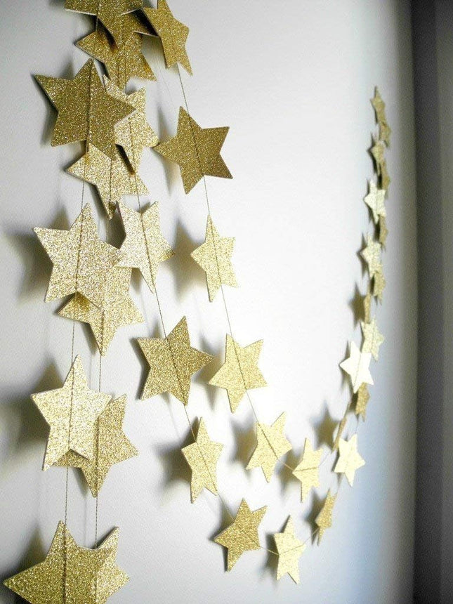 3-Pack,Gold Star Garland, Golden Christmas Galaxy Banner, Twinkle Twinkle Little Star Garland Christmas Garland, Christmas Decor, Gold Baby Shower (4 inch in Diameter,13 Feet)