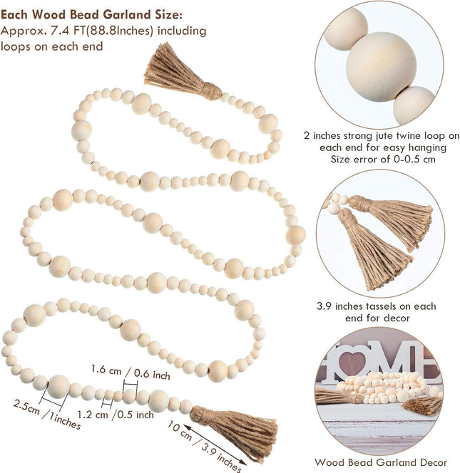 2 Pieces Christmas Wood Bead Garland with Tassels 14.8 Feet Farmhouse Wooden Bead Hanging Garland Natural Holiday Tiered Tray Decor for Christmas Decoration (Natural Wood Color)