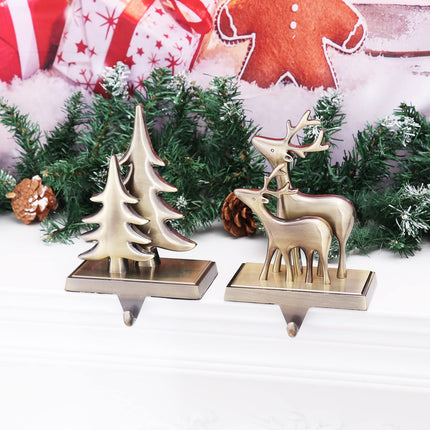 Elk Tree Snowflake Snowman Stocking Holder for Mantle Set of 4,Stocking Holders for Firepiece ,Christmas Stocking Hanger for Fireplace Topper, Decorative Hooks for Stockings (Bronze )