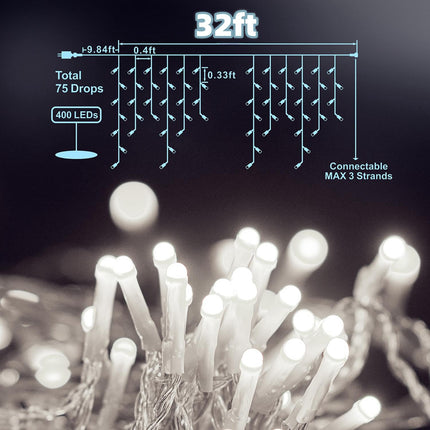 LANFU 400 LED,32 feet,75 Drops Icicle Lights Clust Christmas Lights Outdoor Indoor Decorations String Lights Plug in,8 Functions Curtain for Party Birthday Thanksgiving Easter Wedding Cool White