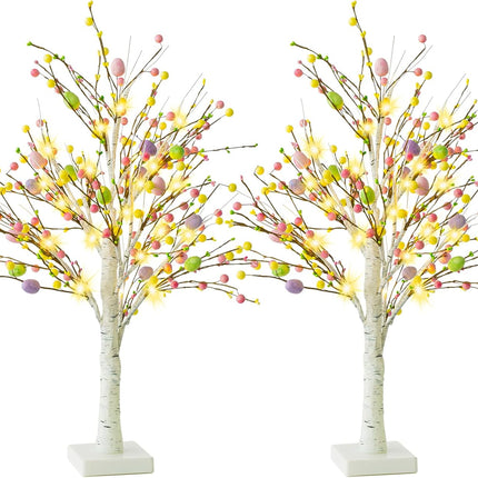 Ethlomoer Easter Decorations, 2 Pcs 25 Inch Pre-Lit Easter Egg Tree with Timer, Battery Powered Easter Birch Tree with 24 LED Lights, Easter Trees for Home Party Wedding Holiday Spring Decoration