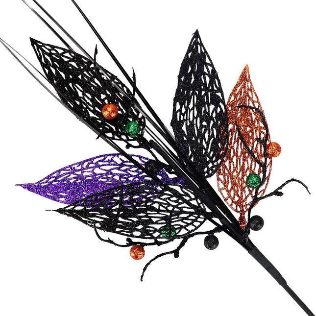 Halloween Flower Branches 16" Glitter Leaves Picks Artificial Berries Stems Fall Sprays Fake Twigs for Halloween Haunted House Gothic Tree Topper Vase Fillers Home Party Decor, Pack of 4 (Berries)