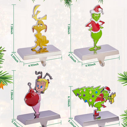 Set of 4 Christmas Stocking Holders for Mantle, 2D Metal Christmas Tree Santa Claus Stocking Hangers, Home Xmas Decorations for Fireplace Mantel Table Garland