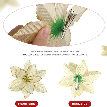 Waydress 36 Pieces Poinsettia Artificial Christmas Flowers for Christmas Tree Glitter Poinsettia Wedding Flowers with Clips for Christmas Wreath Decorations Party Floral Supplies