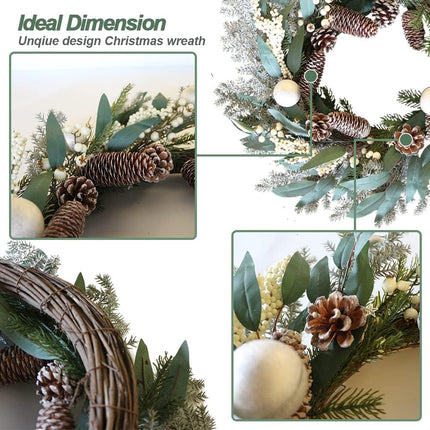 Qingbei Rina Pre-Lit Christmas Wreaths for Front Door,22 Inch Winter Door Wreath with Star Lights,Outdoor Christmas Wreath with Pinecones and Silver Balls, Xmas Windows Fireplace Farmhouse Home Decor