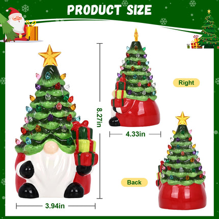 Ceramic Christmas Trees That Light Up Christmas Gnomes, 8" Gnome Christmas Tree with 46 Lights, Small Tabletop Christmas Tree Gnome Christmas Decorations for Home Room Fireplace (Green)