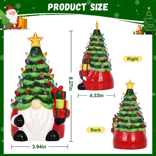 Ceramic Christmas Trees That Light Up Christmas Gnomes, 8" Gnome Christmas Tree with 46 Lights, Small Tabletop Christmas Tree Gnome Christmas Decorations for Home Room Fireplace (Green)