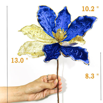 10" Velvet Poinsettias Artificial Christmas Flowers, 6pcs Large Glitter Christmas Poinsettia Picks, Floral Stems for Christmas Tree Wreath Garland Decorations DIY Ornaments (Blue
