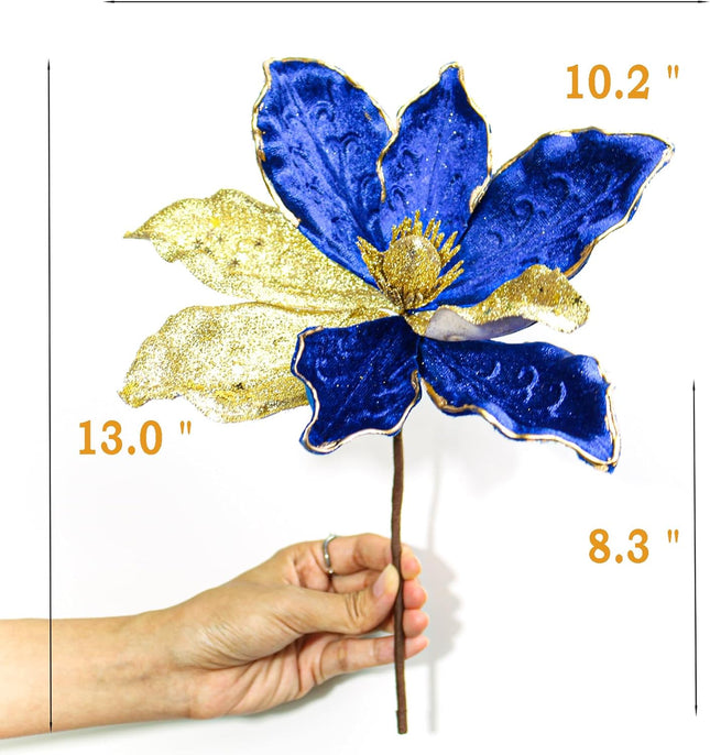 10" Velvet Poinsettias Artificial Christmas Flowers, 6pcs Large Glitter Christmas Poinsettia Picks, Floral Stems for Christmas Tree Wreath Garland Decorations DIY Ornaments (Blue