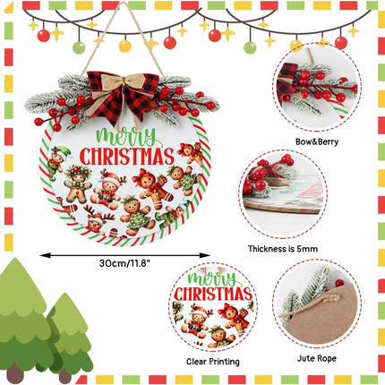 TOARTi Merry Christmas Sign for Front Door Decor Merry Christmas Wooden Door Sign for Xmas Christmas Gingerbread Sign Wooden Wreath Wall Hanging with Plaid Bow Red Berry