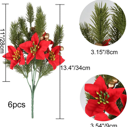 GTIDEA 6pcs Artificial Pine Branches Christmas Greenery Stems with Poinsettias Artificial Christmas Flowers and Berries Fake Green Plants for Xmas Tree Home Porch Table Centerpieces Vase Decor (13.4")