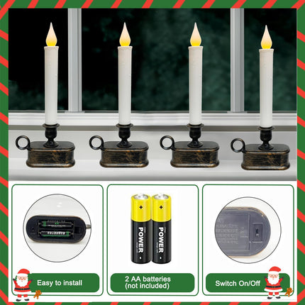 4 Pack Battery-Operated LED Window Candles, 9 Inch Flameless Taper Christmas Window Candles Lights with Dusk-to-Dawn Sensor for Christmas Window, Mantel, Dining Table, Bronze Base Holders