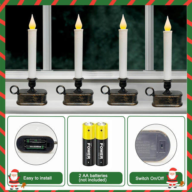 4 Pack Battery-Operated LED Window Candles, 9 Inch Flameless Taper Christmas Window Candles Lights with Dusk-to-Dawn Sensor for Christmas Window, Mantel, Dining Table, Bronze Base Holders
