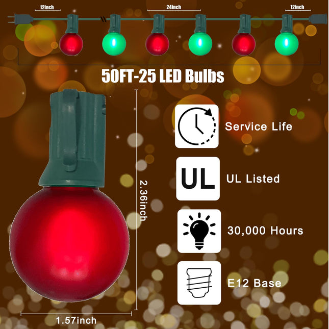 50Ft Outdoor Frosted Red and Green Christmas Lights,G40 Globe Patio Christmas Lights with 25 Red and Green Bulbs(2 Spare),Vintage Hanging Christmas for Tree Garden Porches Christmas Holiday