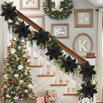 Briful 9'' Poinsettia Christmas Flowers 8PCS Black Glitter Floral Picks Large Xmas Ornament Flowers for Home Xmas Tree Wreath Garland Indoor Outdoor Decoration