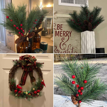 6 Pack Christmas Berries Pine Picks Christmas Flowers Artificial Red Berry Pine Branches Long Faux Pine Stems with Pinecones for Xmas Tree Wreath Floral Arrangement DIY Crafts Holiday Decor