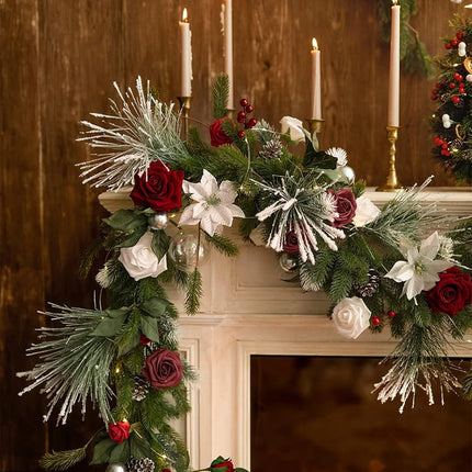 Ling's Moment Flower Garland - 6FT Eucalyptus & Rose - Sweetheart Table Decor for Wedding Reception, Artificial Floral Garland for Mantle, Thanksgiving Decoration, Christmas Red & Sparkle