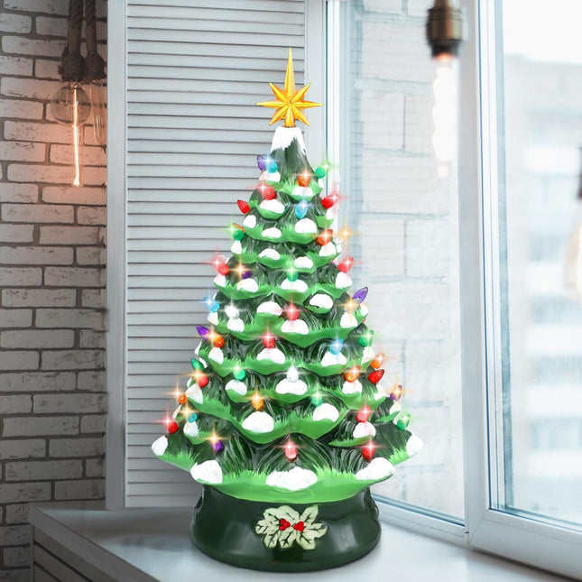 Uiifan 18in Extra Large Nostalgic Ceramic Christmas Tree Ceramic Lighted Christmas Tree with LED Lights Hand Painted Vintage Ceramic Christmas Tree Tabletop Figurine for Holiday Decorations(Green)
