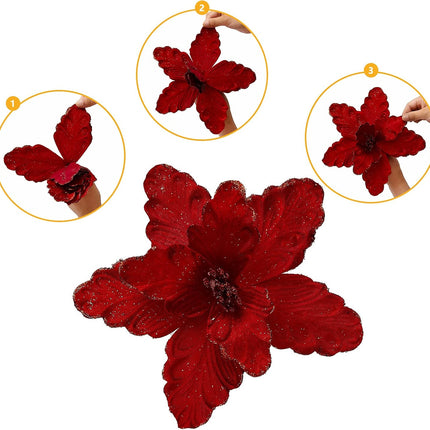 10 Pcs Large Poinsettias Christmas Tree Flower Glitter Silk Flower Picks Ornaments for Wreath Garland Wedding Decoration (Dark Red)