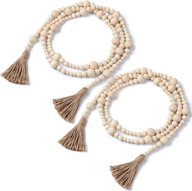 2 Pieces Christmas Wood Bead Garland with Tassels 14.8 Feet Farmhouse Wooden Bead Hanging Garland Natural Holiday Tiered Tray Decor for Christmas Decoration (Natural Wood Color)