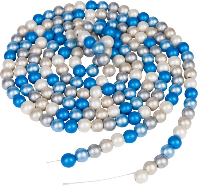 One Holiday Way 9-Foot Elegant Metallic Blue, Silver, White Wood Bead Garland Christmas Tree Decoration - Decorative Vintage Style Wooden Beads - Everyday Rustic Chic Country Xmas Farmhouse Home Decor