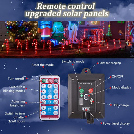 Candy Cane Lights Christmas Decorations, 12 Pack Solar Candy Cane Pathway Lights with 8 Modes and Timer, 72 LED Bright 1200mah Battery, Waterproof Christmas Candy Cane Solar Lights for Outside
