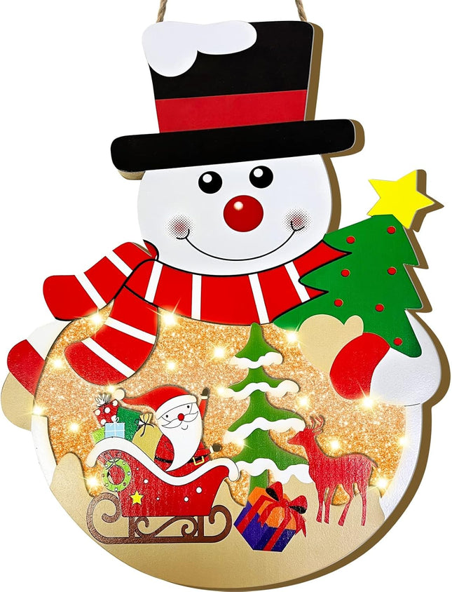 Lighted Christmas Wreaths for Front Door Sign Pre-Lit Snowman & Timer Christmas Door Decorations Hanging Sign Wooden Xmas Decor Window Wall Office Home Decor Indoor Outdoor