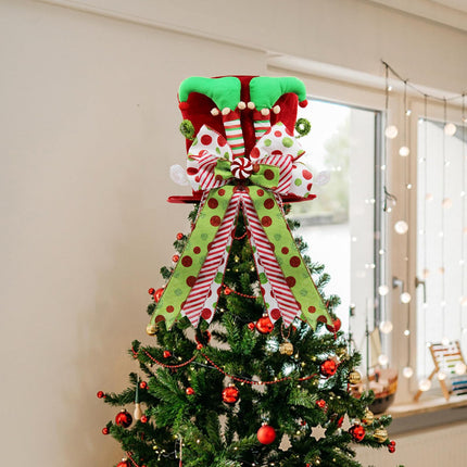 Christmas Tree Topper Hat with Bow, Large Christmas Tree Topper with Elf Legs and Red & Green Polka Dot Bow, Tree Toppers Christmas Decorations for Winter Holidays