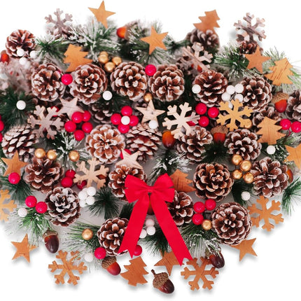 165PCS Christmas Pine Cones Berry Pine Branch Set White Christmas Decorations with Christmas Bows Snowflake for DIY Christmas Tree, Christmas Table Decorations, Wreath Decorations Supplies Christmas