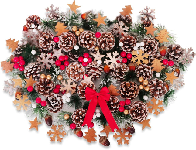 165PCS Christmas Pine Cones Berry Pine Branch Set White Christmas Decorations with Christmas Bows Snowflake for DIY Christmas Tree, Christmas Table Decorations, Wreath Decorations Supplies Christmas