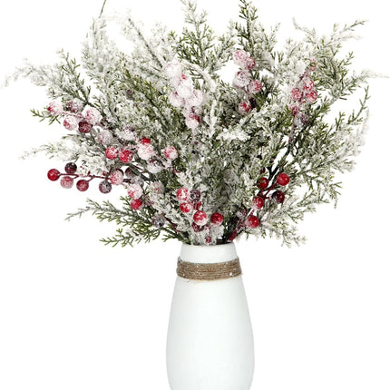 Pack of 4 Artificial Frosted Pine Branches with Red Berries 17" Snowy Christmas Tree Picks Winter Greenery Sprays White Fake Cedar Holly Berry Stems for Vase Fillers Craft Wreath Holiday Décor (Red)
