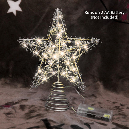 Christmas Star Tree Topper with 20 LED Lights, Battery Operated 9 Inch Metal Hollow Design, Easy-to-Install Christmas Tree Decorations for Holiday and Christmas Home Décor, Silver