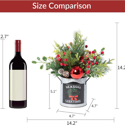 Artificial Christmas Tabletop Decorations - 14.2 Inch Small Christmas Centerpiece Potted Tree Artificial Plants with Sturdy Stand and Pine Cones and Red Berries Decoraction