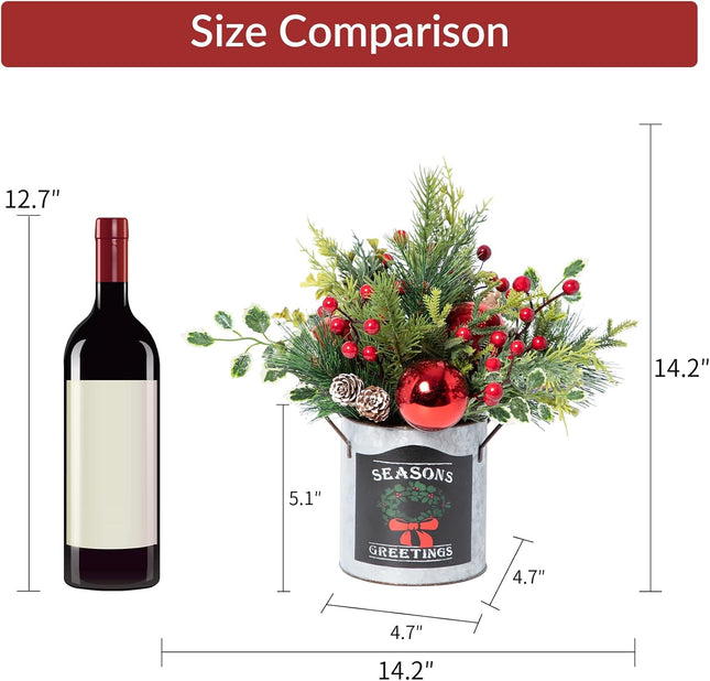 Artificial Christmas Tabletop Decorations - 14.2 Inch Small Christmas Centerpiece Potted Tree Artificial Plants with Sturdy Stand and Pine Cones and Red Berries Decoraction