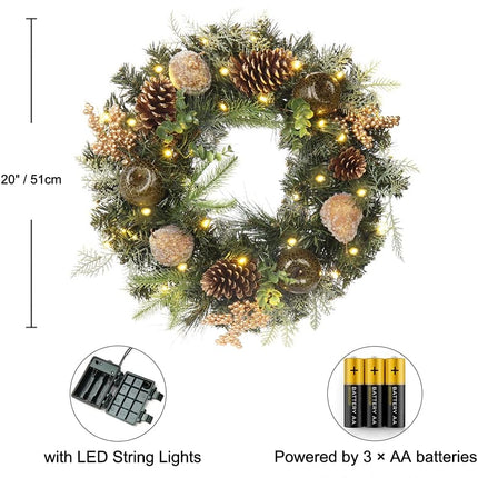 Christmas Wreath 20" Christmas Front Door Wreath Ornament with LED Lights Pinecone Berries Artificial Pine Garland for Party Table Fireplaces Porch Walls Years Halloween Home Decor
